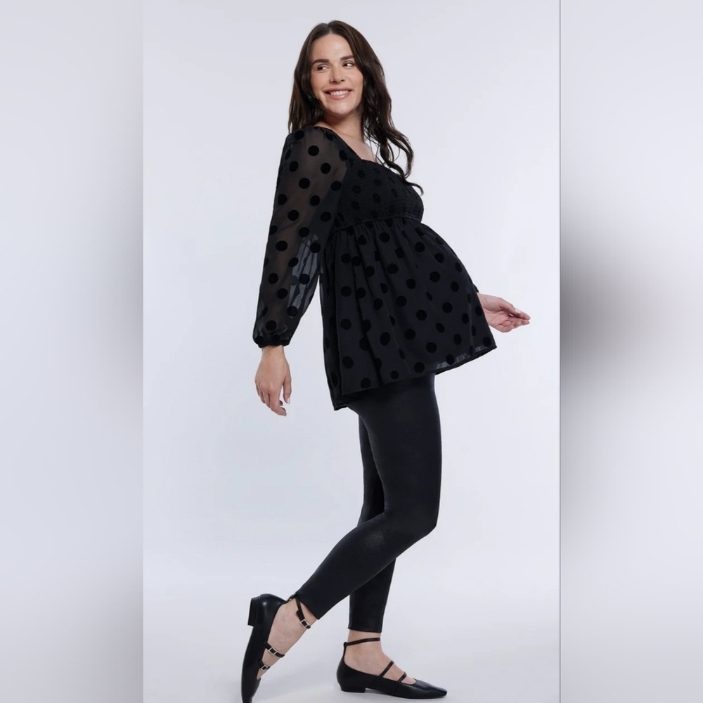 Motherhood Maternity Black Polka Dot Blouse Smocked Babydoll Long Sleeve XXL